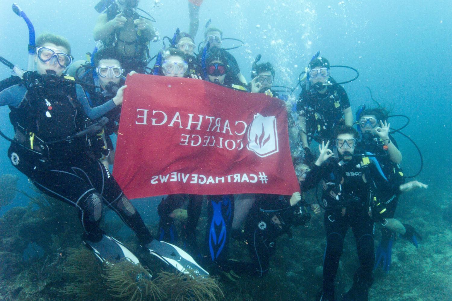 学生们手持<a href='http://m1io.lcxjj.net'>博彩网址大全</a>旗帜，在j学期洪都拉斯游学之旅中潜水.